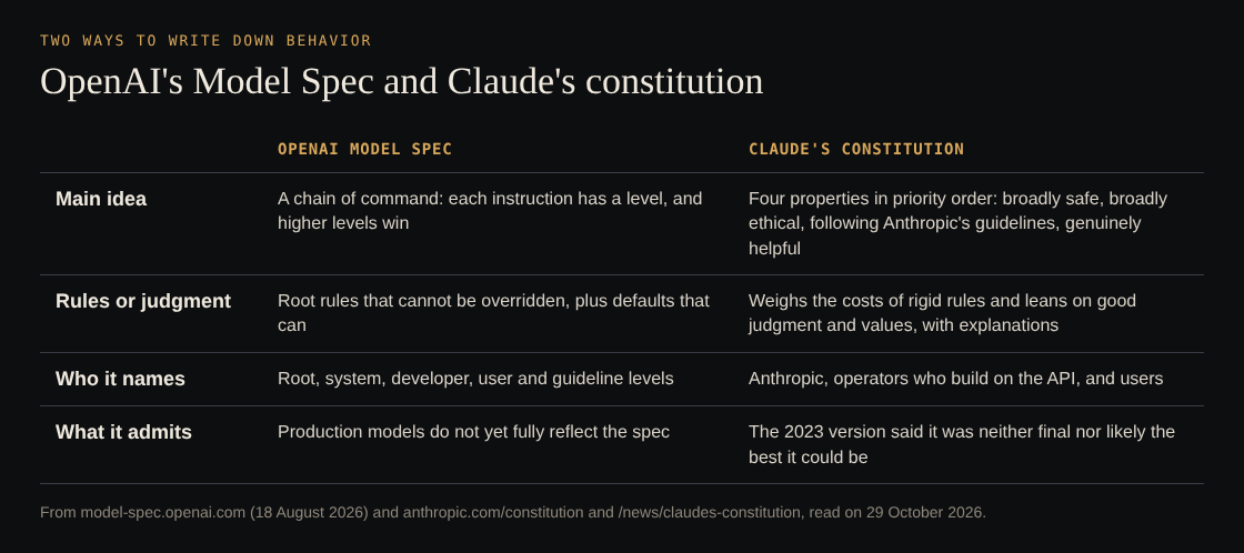 Table comparing OpenAI's Model Spec and Claude's constitution on main idea, rules, parties named and stated limits