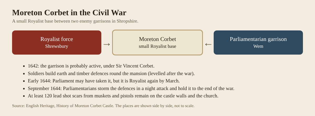 Diagram of Moreton Corbet as a small Royalist base between the Royalist force at Shrewsbury and the Parliamentarian garrison at Wem, with the events of 1642 to 1644