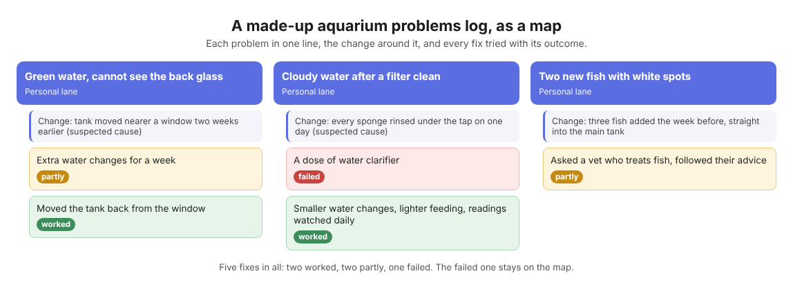 Map of a made-up aquarium problems log: three tank problems with the fixes tried, each marked worked, partly or failed