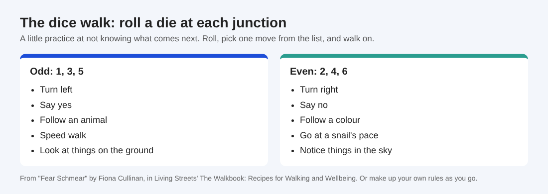 Dice walk card: odd numbers mean turn left, say yes, follow an animal, speed walk or look down; even numbers mean turn right, say no, follow a colour, go slowly or look up