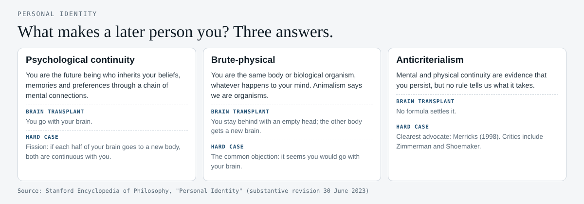 Table of three answers to the persistence question: psychological continuity, brute-physical views and anticriterialism, with what each says about a brain transplant