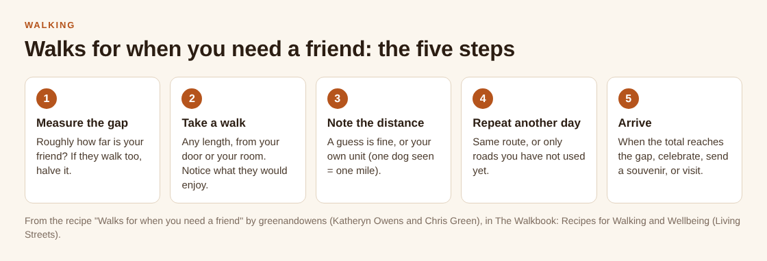 Five step cards for walking the distance to a friend: measure the gap, take a walk, note the distance, repeat, arrive