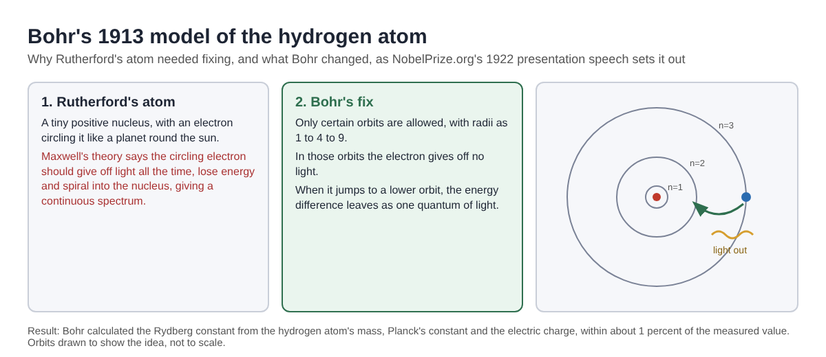 Diagram comparing Rutherford's unstable atom with Bohr's allowed orbits, where an electron jumps from orbit three to orbit two and light leaves the atom